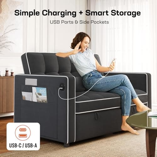 Amada 3-in-1 Convertible Sleeper Sofa Bed, Black | Futon Couch with USB Ports & Velvet Fabric