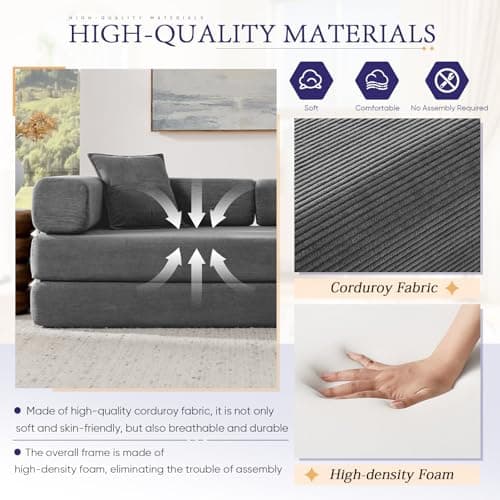 Dark Grey Convertible Sleeper Sofa Bed with Memory Foam & Cylindrical Pillows