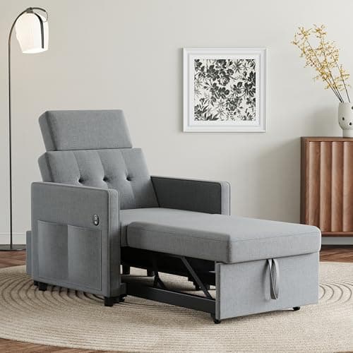 LIKIMIO 3-in-1 Sleeper Sofa Chair Bed, Dark Grey Linen Fabric