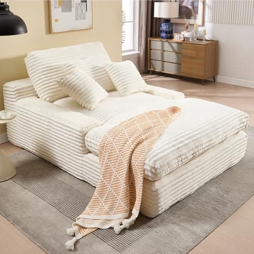 Beige Oversized Chaise Lounge Chair 75" Corduroy Comfy Sleeper Sofa Couch