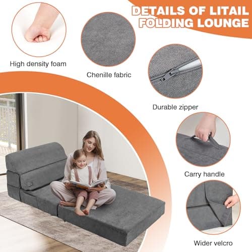 Grey Foldable Sofa Bed - Comfortable Living Room Sleeper Chair Couch