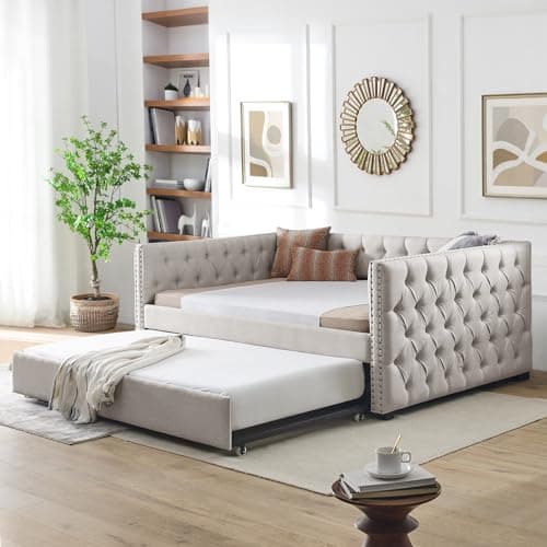 Antetek Modern Upholstered Full-Size Daybed with Trundle for Bedroom and Living Room (Beige)