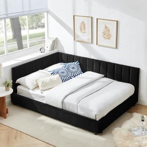 Antetek Gray Modern Tufted Velvet Full Size Corner Sofa Bed Frame