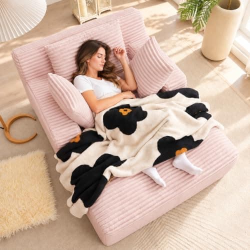 49" Chaise Lounge Indoor, Oversized Chaise Lounge Chair with 3 Comfy Pillows for Living Room Bedroom, Wide Arms Corduroy Fabric High-Density Foam No Assembly Required (White)