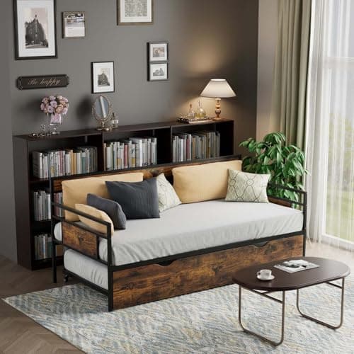 Twin Daybed with Trundle, Rustic Metal Frame, Saving Space Living Room Bed