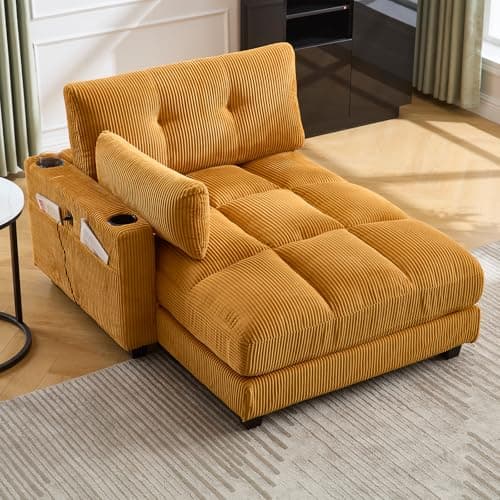 Antetek 44-inch Corduroy Tufted Chaise Lounge with USB Ports & Cup Holders, Yellow