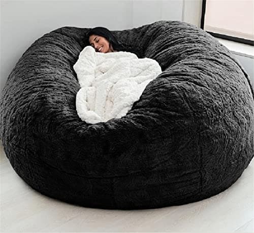 Black Big Round Soft Faux Fur Beanbag Chair Cover (5FT)
