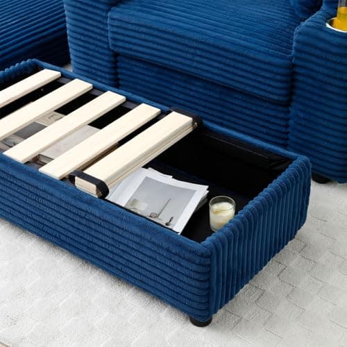 Modern Upholstered Blue Chaise Longue with Cup Holders & Storage Ottoman