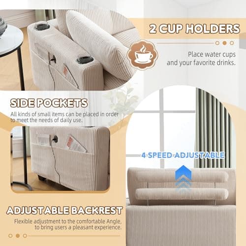 Beige 91-inch Modular Chaise Lounge Sleeper Sofa with USB Ports & Cup Holders