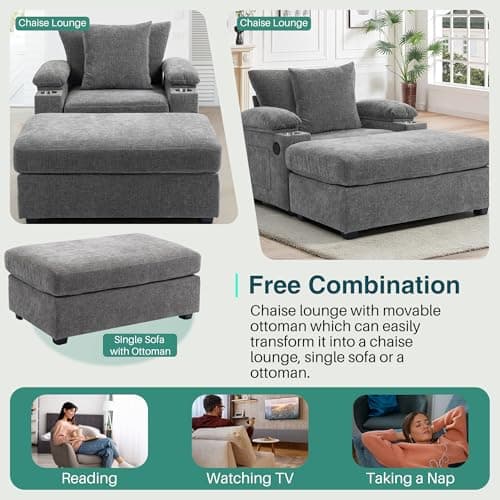 Oversized Chaise Lounge with Storage & Ottoman, Gray USB Cup Holder.maximum comfort