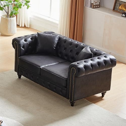 Modern Black Faux Leather Chesterfield Love Seat Sofa, 63.5-Inch With Rolled Arms and Tufting