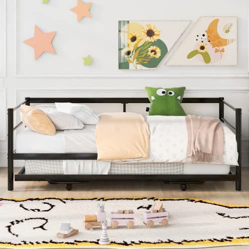 Modern Metal Twin Day Bed with Pop Up Trundle, Steel Slat Support (Black)