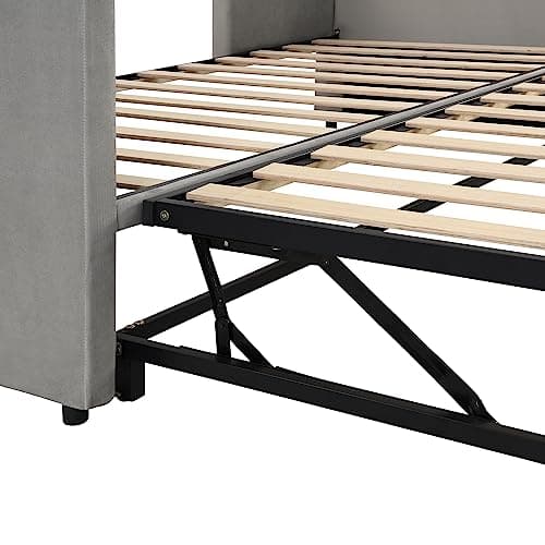 Harper & Bright Designs Grey Tufted Wood Slat Twin Daybed with Extendable Trundle