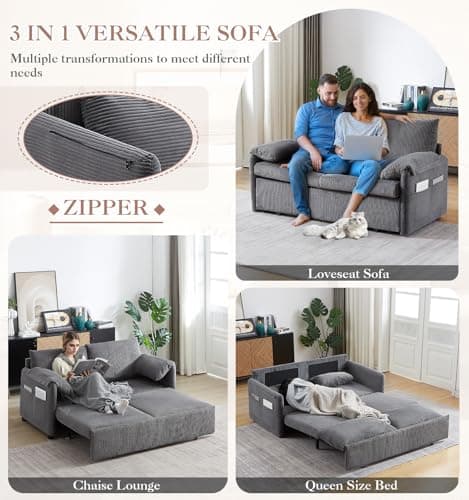 Antetek 3-in-1 Convertible Futon Sofa Bed, Grey Corduroy Queen Size