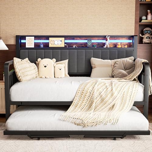 Heavy Duty Metal Twin Daybed with Trundle & LED Light (Brown)