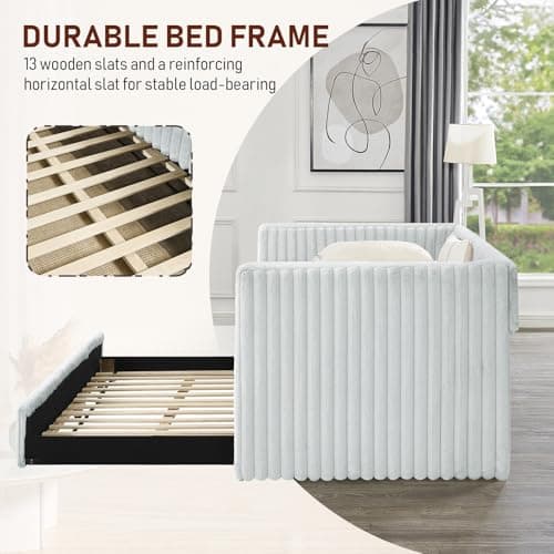 Antetek Gray Striped Corduroy Twin Daybed with Trundle, Small Space Bedroom