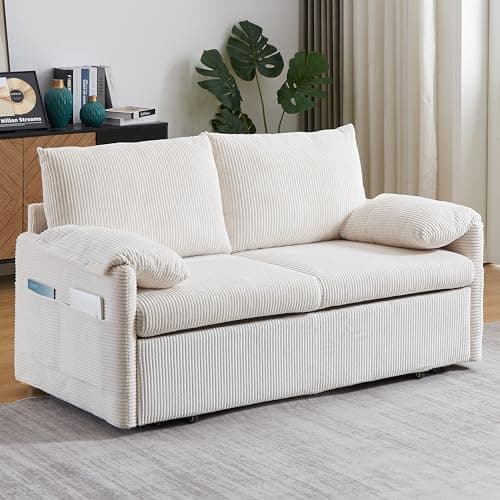Eafurn 3-in-1 Convertible Pull-Out Sofa Bed Queen Size, Corduroy Lounge with Pillows & Storage