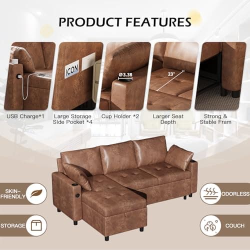 Brown L-Shaped Reversible Storage Sleeper Sofa with Pullout Bed