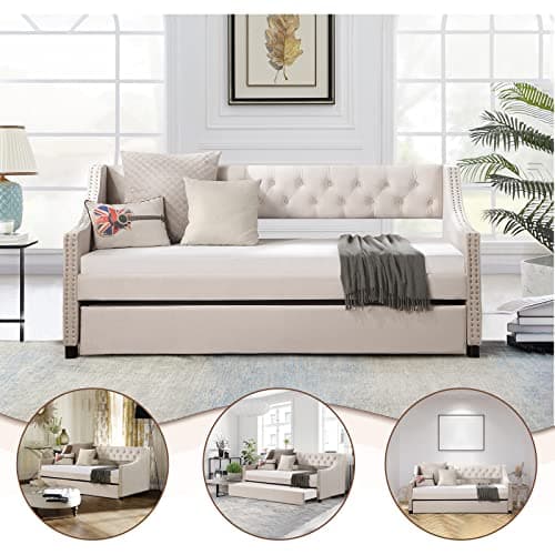 Beige Tufted Button Twin Daybed with Trundle, Modern Upholstered Velvet Sofa Bed