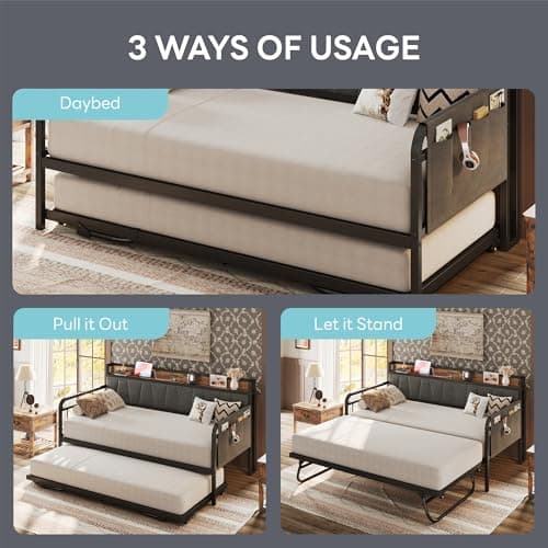 LIKIMIO Grey Twin Daybed with Trundle Bed and Storage Headboard for Living Room, Bedroom, and Guest Room, Strong Supports and Charging Station