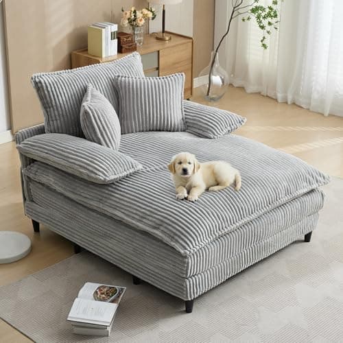 55” Grey Corduroy Comfort Chaise Lounge with 3 Throw Pillows (4-Position Adjust)