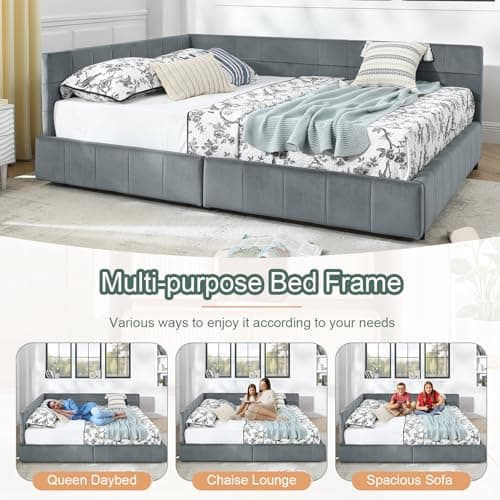 Antetek Modern Full Size Corner Tufted Velvet Day Bed with Storage Drawers, Grey