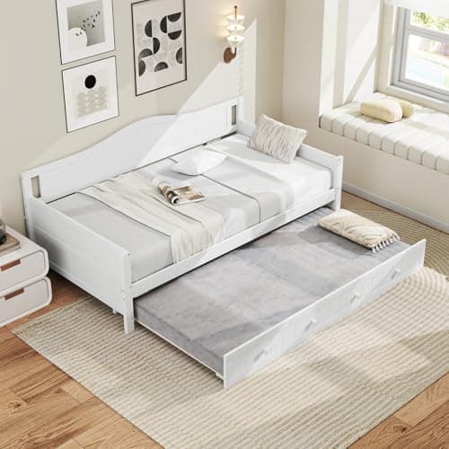 Giantex Twin Daybed with Trundle, Solid Wood Support, White Modern Bed