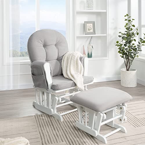 Nursery Glider & Ottoman Set, Reclining Rocker with Padded Arms - White, Dark Gray