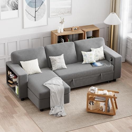 Furmax Grey 3-Seat L-Shaped Sleeper Sofa with Storage & USB Ports