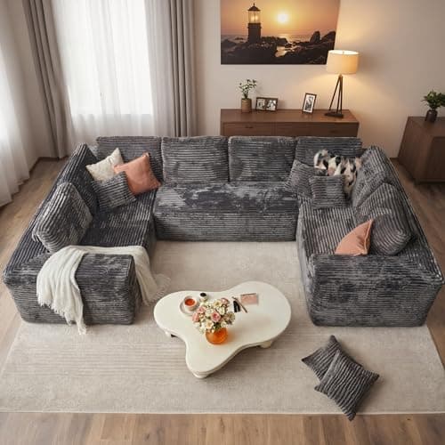 HOOOWOO Cloud Modular Sectional Couch, No Assembly, Gray Plush Corduroy