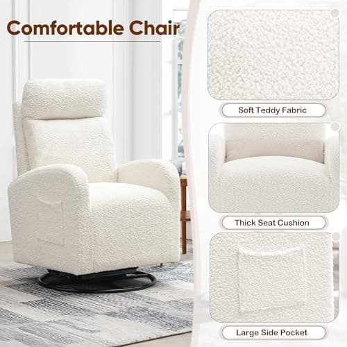 360° Swivel Glider Chair, Modern Ergonomic Boucle Upholstered Rocker with Side Pocket, Cream White