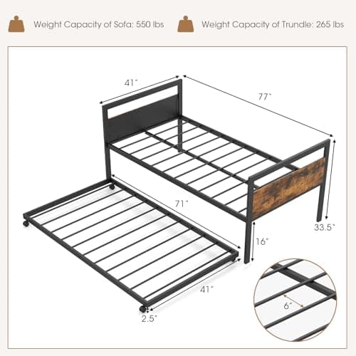 Giantex Rustic Brown Metal Day Bed with Trundle Support