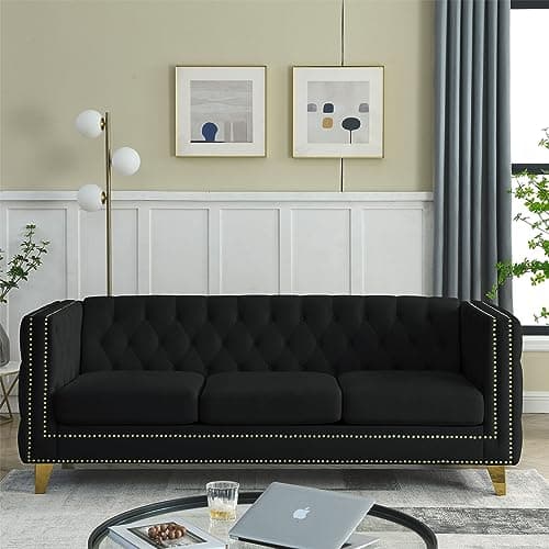 80" Modern Button Tufted Velvet Couch with Gold Nail Heads and Metal Legs for Living Room