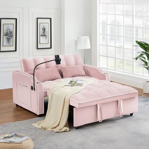 Light Grey Convertible Velvet Pull Out Sofa Bed with Phone Holder