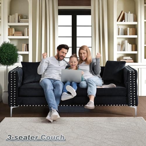 Modern Velvet Sofa Couch, 82 Inch Upholstered 3 Seater with Crystal Buttons and Pillows for Living Room, Apartment, Office - Black