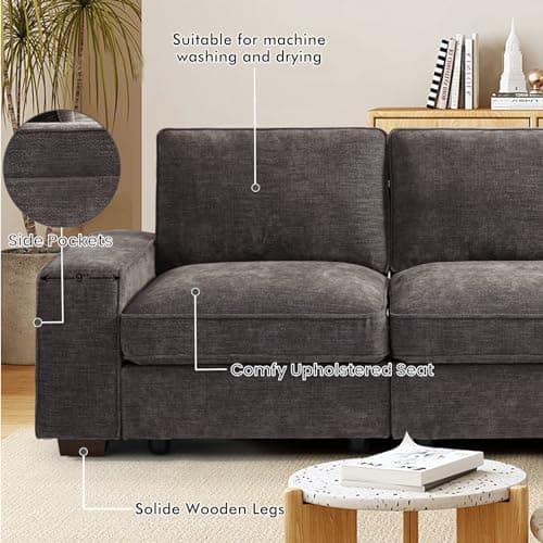 TEKAMON 100" Modular Storage Sofa, Dark Grey Chenille Couch with USBcharging