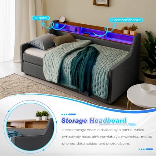 Twin Daybed with Pop Up Trundle & Wireless Charger - Dark Grey Sofa Bed for Bedroom & Living Room, No Box Spring Needed  
Upholstered Day Bed Frame with LED/USB/Type C/Storage Headboard - Dark Grey Twin to King Trundle Bed for Bedroom & Living Room,