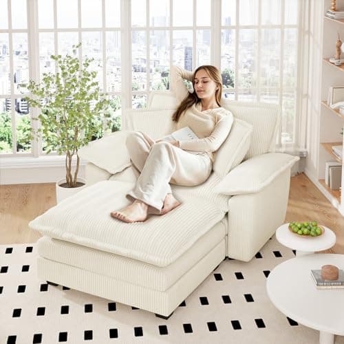80.5-inch Modular Sectional Couch with Ottoman, Modern Oversized Corduroy Cloud Fluffy Deep Seat Loveseat Chaise Lounge Sofa with 2 Throw Pillows for Living Room Bedroom Apartment, Gray