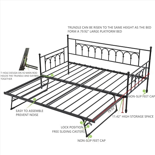 Twin Daybed with Pop Up Trundle, Steel Support for Kids & Adults