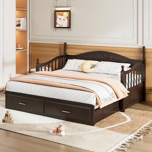 Merax Modern Wood Daybed with Pop Up Trundle for Kids Teens Adults Espresso