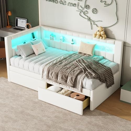 Twin Size White Daybed with Trundle and L-Shaped Bookshelf Headboard for Kids Boys Girls