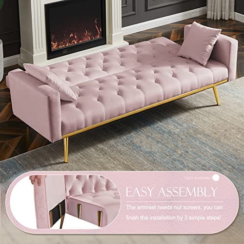 Golden Tapered Metal Legs, Pink 73-inch Reclining Velvet Futon Sofa Bed