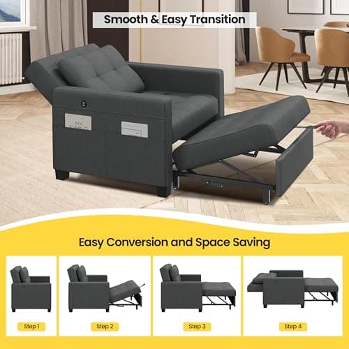 Yaheetech Dark Gray Convertible Sofa Bed with Adjustable Backrest & Charging Ports