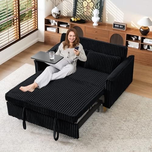 Antetek 3-in-1 Corduroy Convertible Sofa Bed, Gray with Movable Table & USB Ports