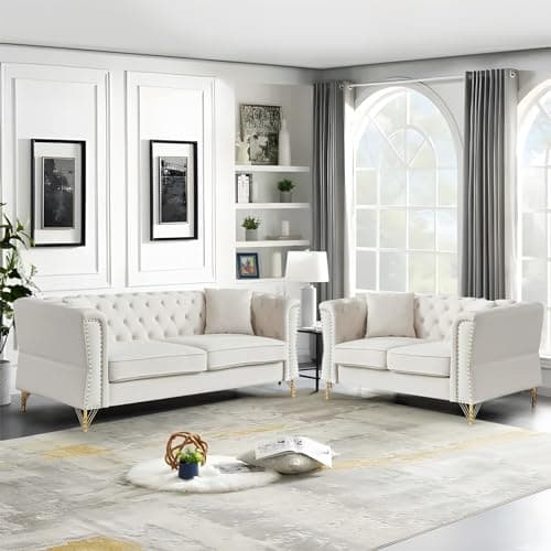 Modern Beige Button Tufted Velvet Couch Set 81" Sofa + 60" Loveseat