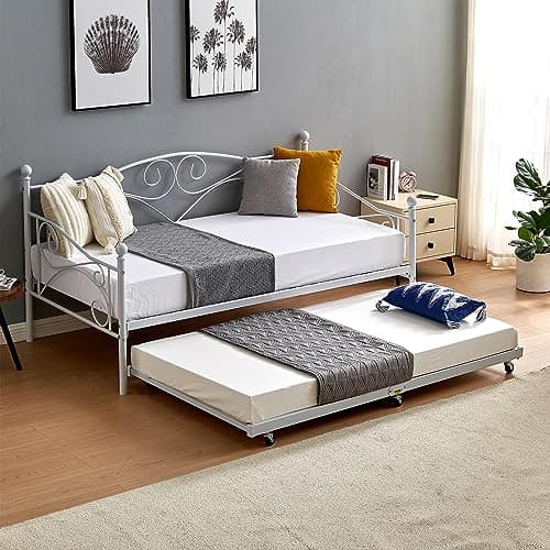 VECELO Twin Trundle Bed Frame with Lockable Casters & Enhanced Metal Support, White