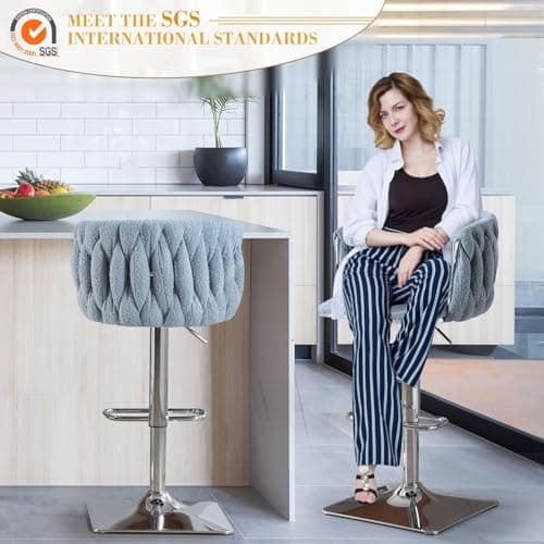 Antetek Modern Swivel Bar Stool Set, Adjustable Height, Woven Back, Silver Base, Blue Teddy