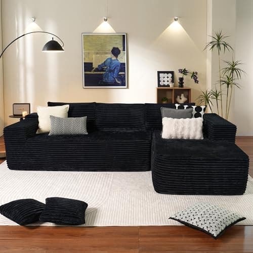 Ovios 104" L-Shape Chaise Cloud Sectional Sofa, Black (Corduroy Fabric)