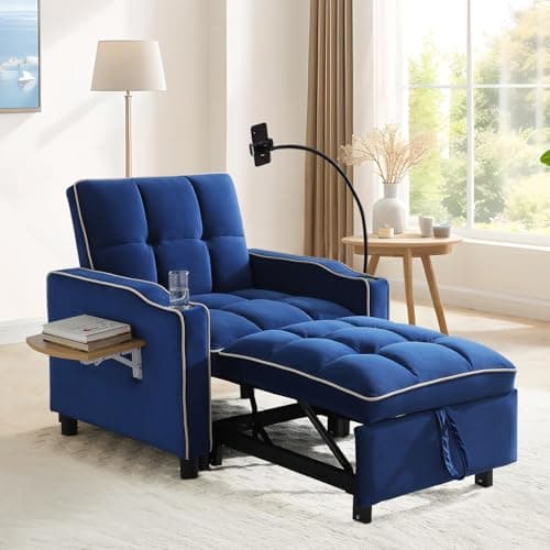 Modern Velvet Tufted Beige Convertible Sleeper Chair with Wing Table and Phone Holder