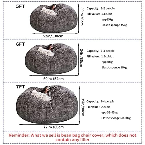 Black Big Round Soft Faux Fur Beanbag Chair Cover (5FT)